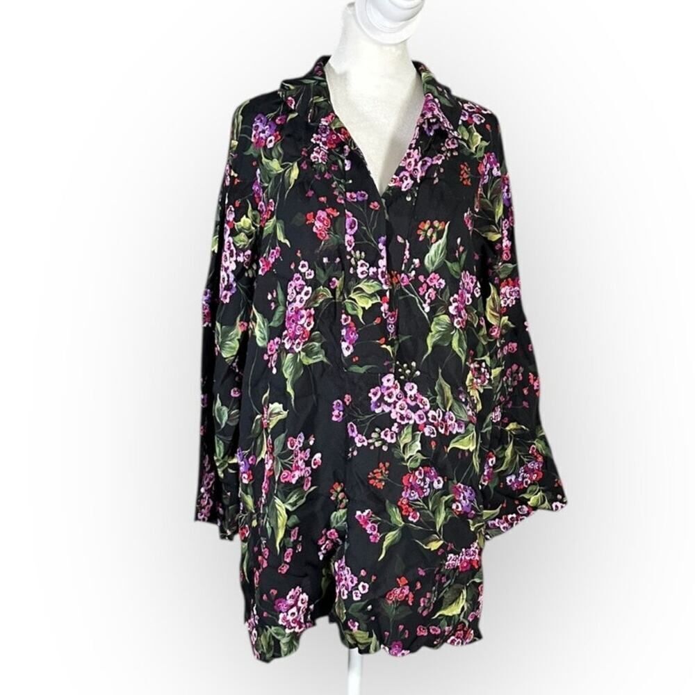 Escada Tunic Blouse Women's 46/XL Black Pink Green Floral 3/4 Sleeve Collared